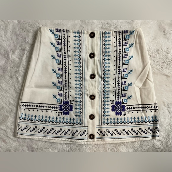 Francesca's Collections Dresses & Skirts - Blue Rain White Embroidered Mini Skirt | Boho Button Front | Size L NWOT